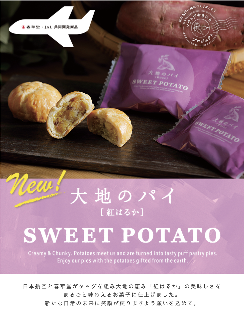 大地のパイ 紅はるかSWEET POTATO日本航空と春華堂がタッグを組み大地の恵み「紅はるか」の美味しさをまるごと味わえるお菓子に仕上げました。