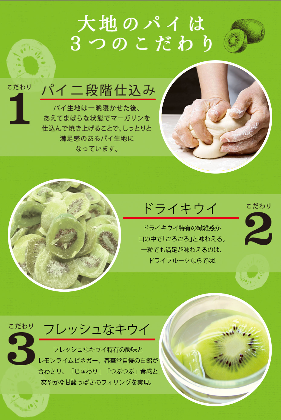 大地のパイは3つのこだわり パイ二段階仕込み パイ生地は一晩寝かせたあと、あえてまばらな状態でマーガリンを仕込んで焼き上げることで、しっとりと満足感のあるパイ生地になっています。 ドライキウイ ドライキウイ特有の繊維感が口の中で「ごろごろ」と味わえる。一粒でも満足が味わえるの、ドライフルーツならでは! フレッシュなキウイ フレッシュなキウイ特有の酸味とレモンライムビネガー、春華堂自慢の白餡が合わさり、「じゅわり」「つぶつぶ」食感と爽やかな甘酸っぱさのフィリングを実現。